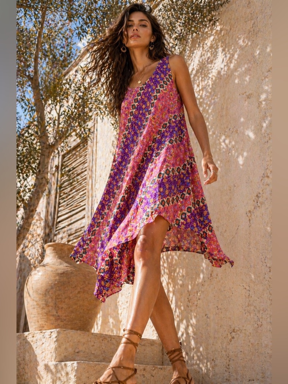Boho Patchwork Swing Tank Dress NWT High Low Midi Organic Viscose Relaxed M–XL